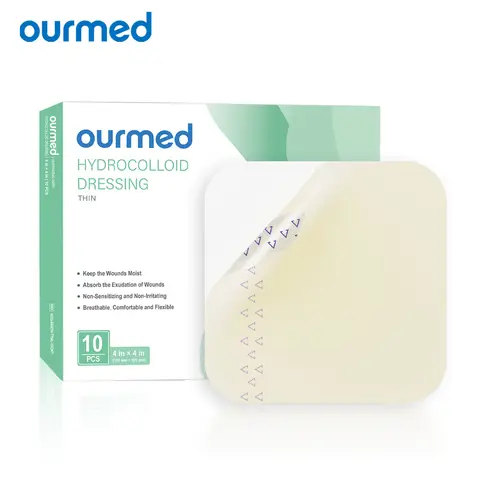 Ourmed Hydrocolloid Bandages (4"x4", 2"x2") - 0.5mm Extra Thin Waterproof Adhesive Patch Plasters & Dressing Supplies, Disposable First Aid Wound Care for Blisters, Acne, 10 Pack, Disposable Plasters & Dressing Supplies