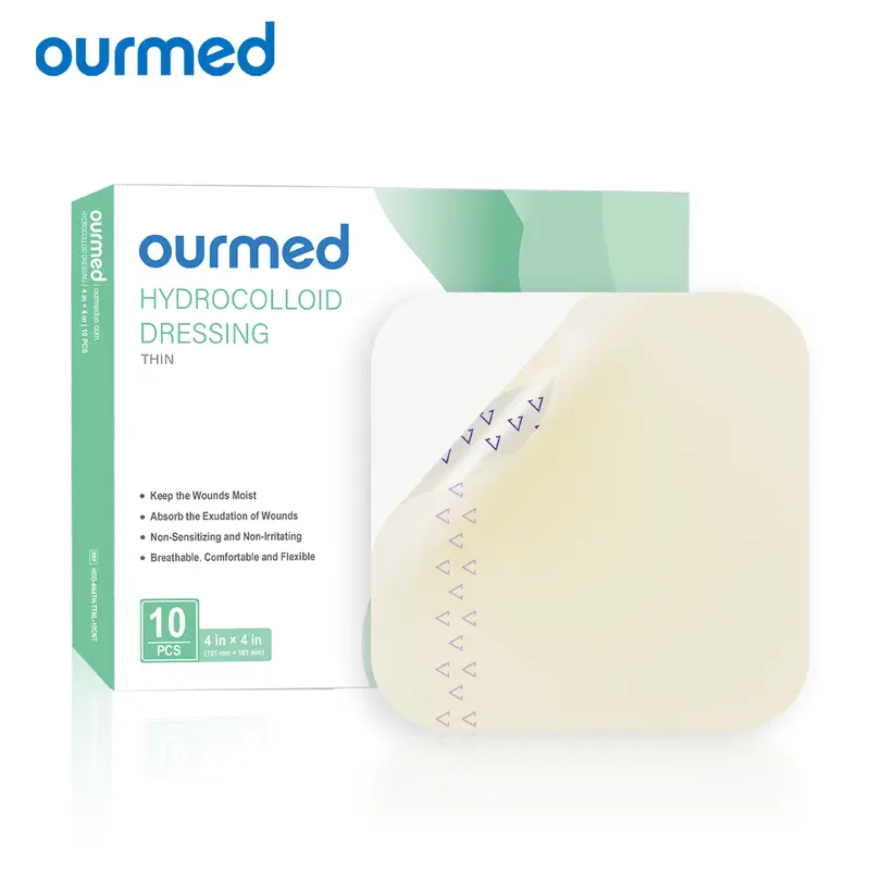 Ourmed Hydrocolloid Bandages (4"x4", 2"x2") - 0.5mm Extra Thin Waterproof Adhesive Patch Plasters & Dressing Supplies, Disposable First Aid Wound Care for Blisters, Acne, 10 Pack, Disposable Plasters & Dressing Supplies