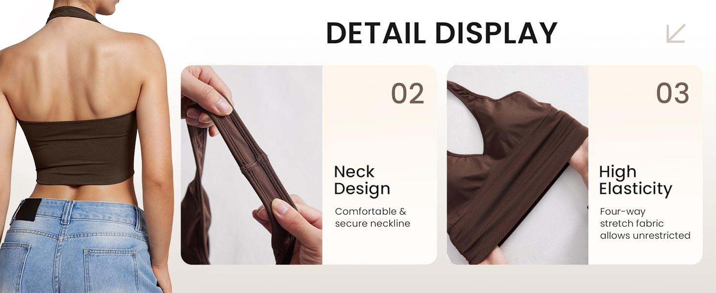 OYV Women's Impact Halter Tank Top Longline Backless Scoop Neck Built-in Bra Sports Workout Gym Crop Top