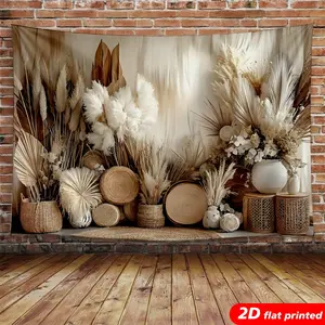 Boho Polyester Pampas Grass Tapestry Wall Hanging - Neutral Dried Floral, Woven Basket 2D Flat Printed Design, Aesthetic Home Decor Backdrop & Gift for Living Room, Bedroom