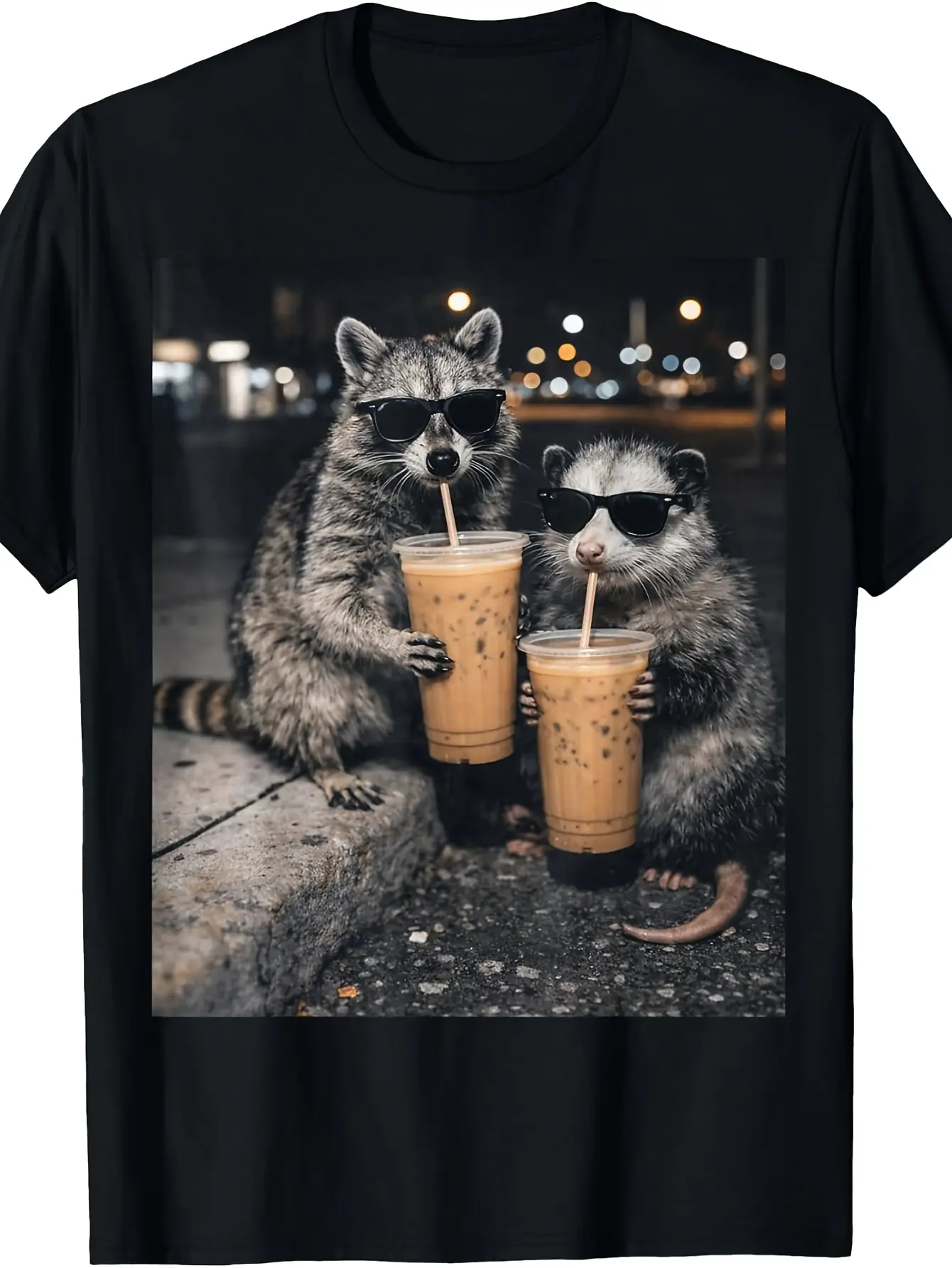 Retro Raccoon & Opossum Drinking Iced Coffee T-Shirt - Funny Cute Animal Graphic Tee with Round Neck, Suitable for Year-Round Casual Wear, Machine Washable Shirt for, Themed Parties & Everyday Outfits