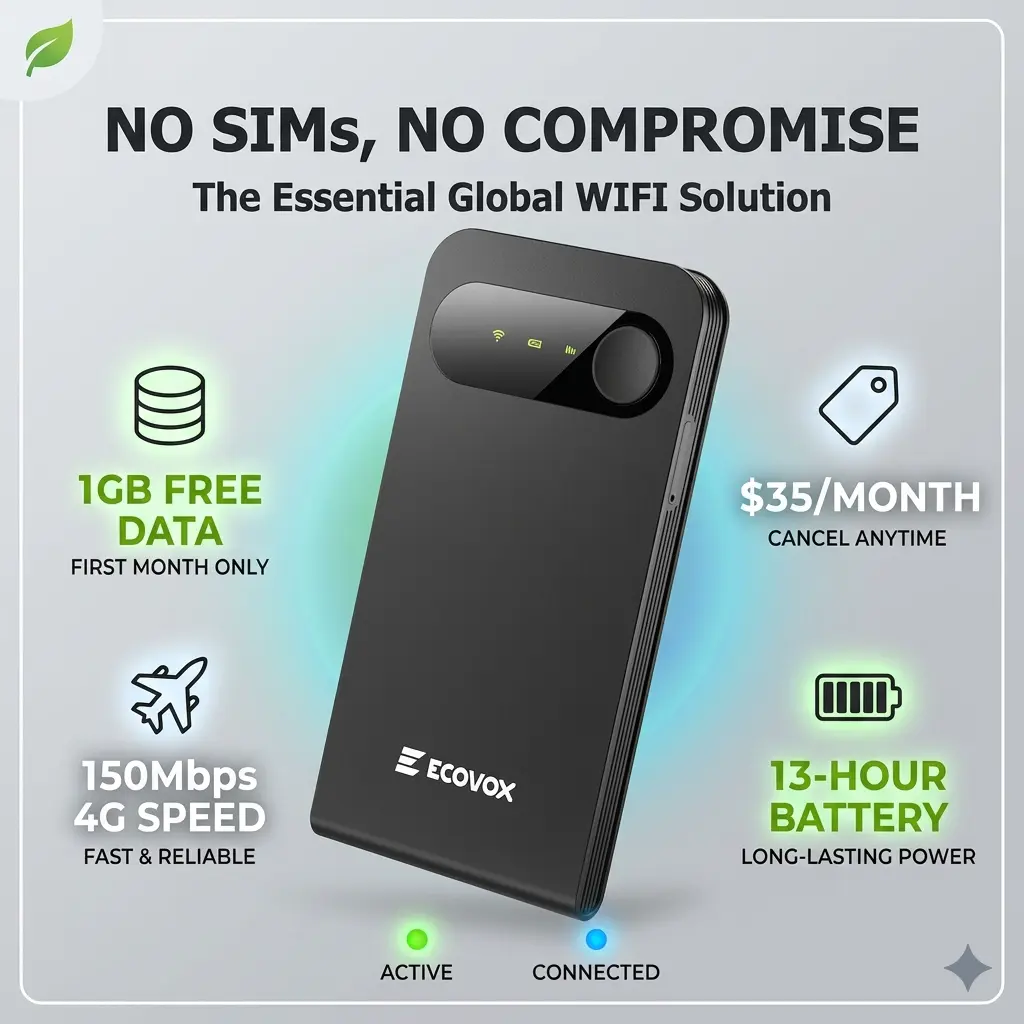 [ECOVOX] WIFI-6 4G LTE Portable WiFi Hotspot Pocket Wi-Fi with USB, Pay-As-You-Go Wireless Internet, No SIM Card/Contract Needed, Auto Network Switching, Free 1GB Local Data for Travel & Camping, Global Coverage tri-band support