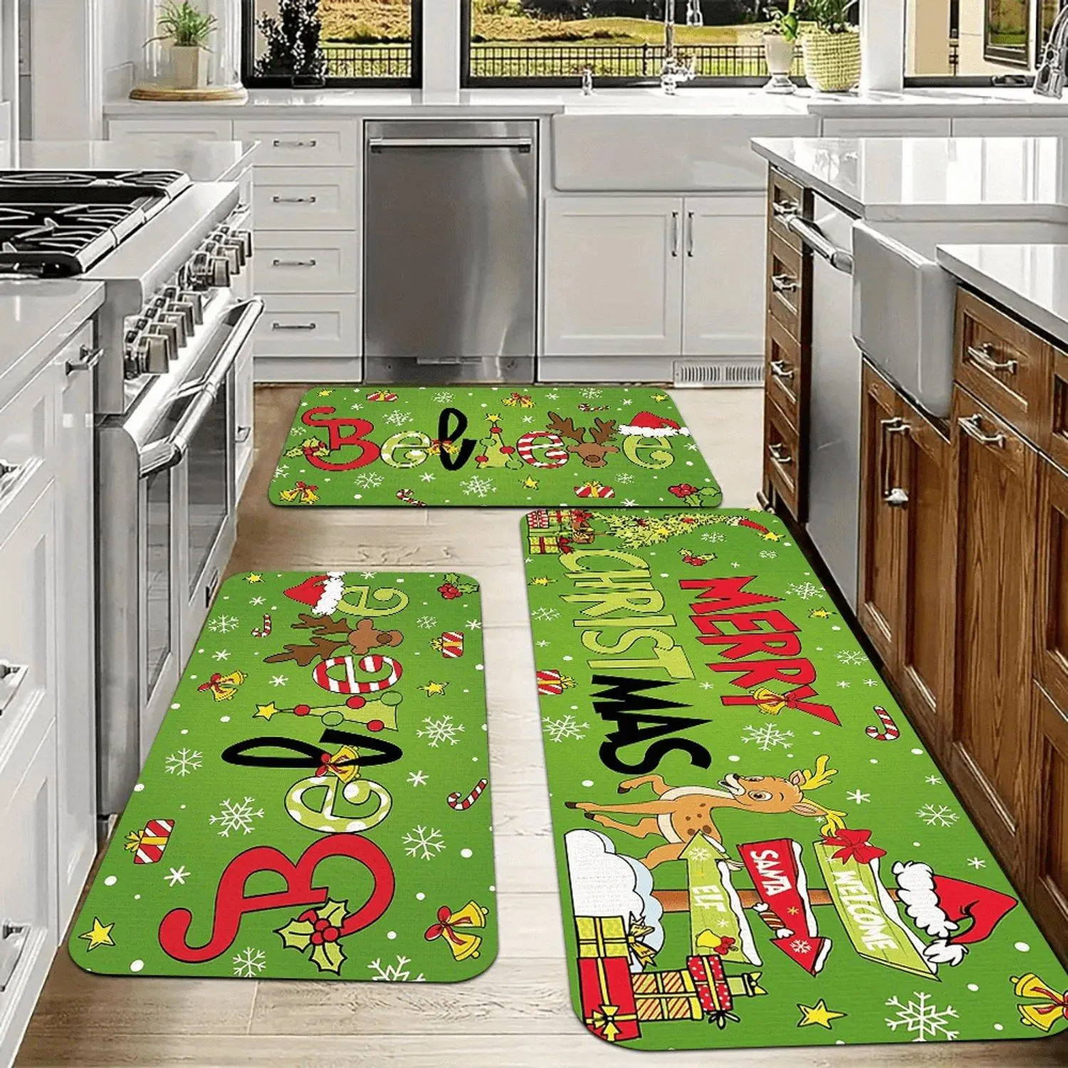Flannel Kitchen Rug, Green Merry Christmas Reindeer Snowflake Holiday Pattern, Non-Slip Water Absorbent Floor Mat for Kitchen Home Decor