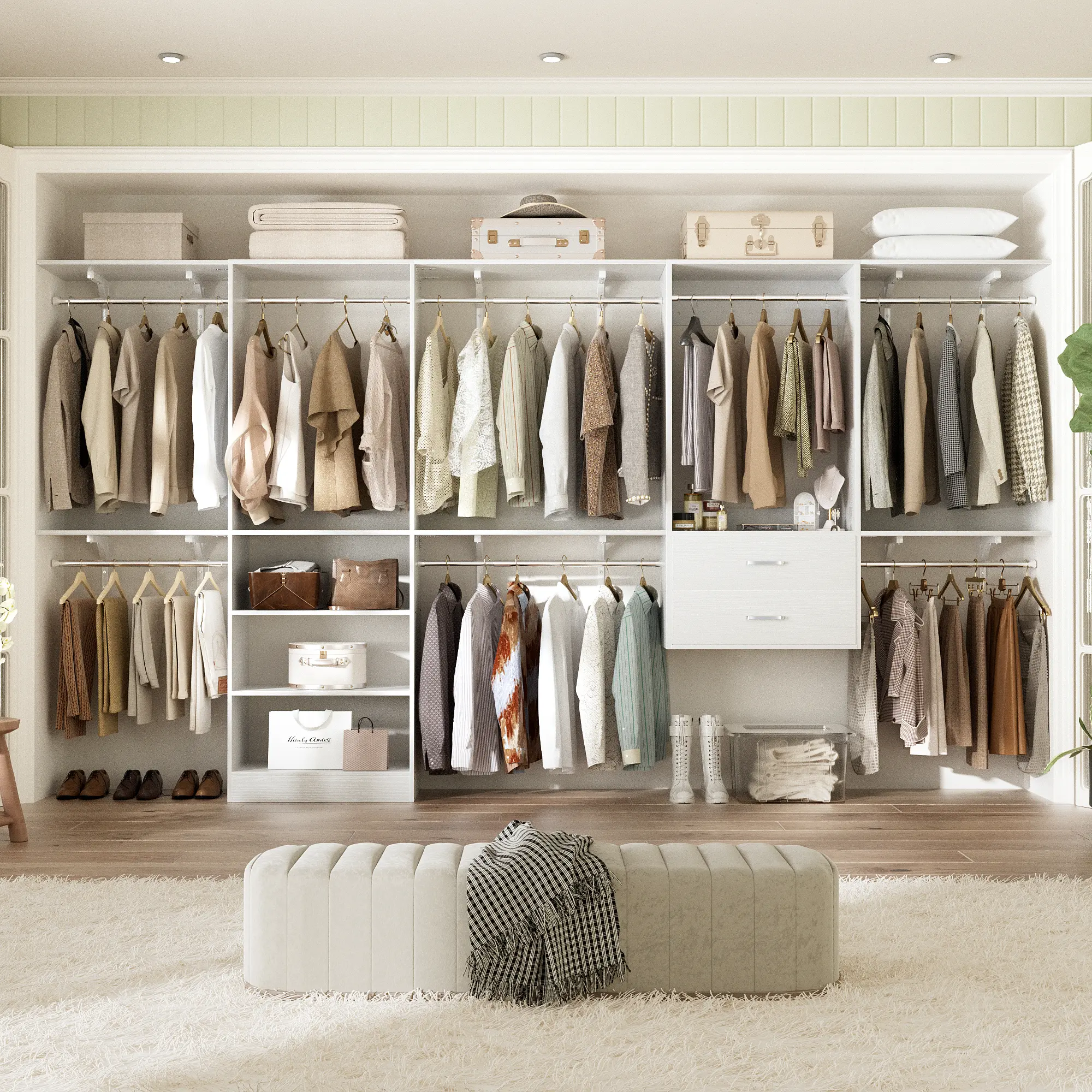 154'' Closet System with 2 Drawers and 8 Hanging Rods, Modern Heavy Duty Walk-in Closet Organizer with Towers Storage Organization Wardrobe Ideas