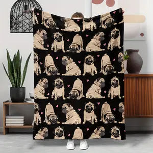 1Pc Adorable Pug Expression Collection Pattern Blanket, Suitable For Sofa Bed Office Gym Nap Blanket, Extra Large Soft Comfortable Throw For Outdoor Camping