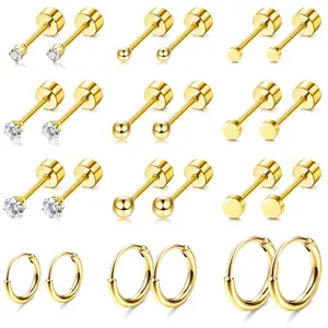 FASACCO Small Tiny Stud Flat Back Earring Set 14K Surgical Steel Cartilage Hoop Earrings for Multiple Piercings Hypoallergenic Ear Studs for Women