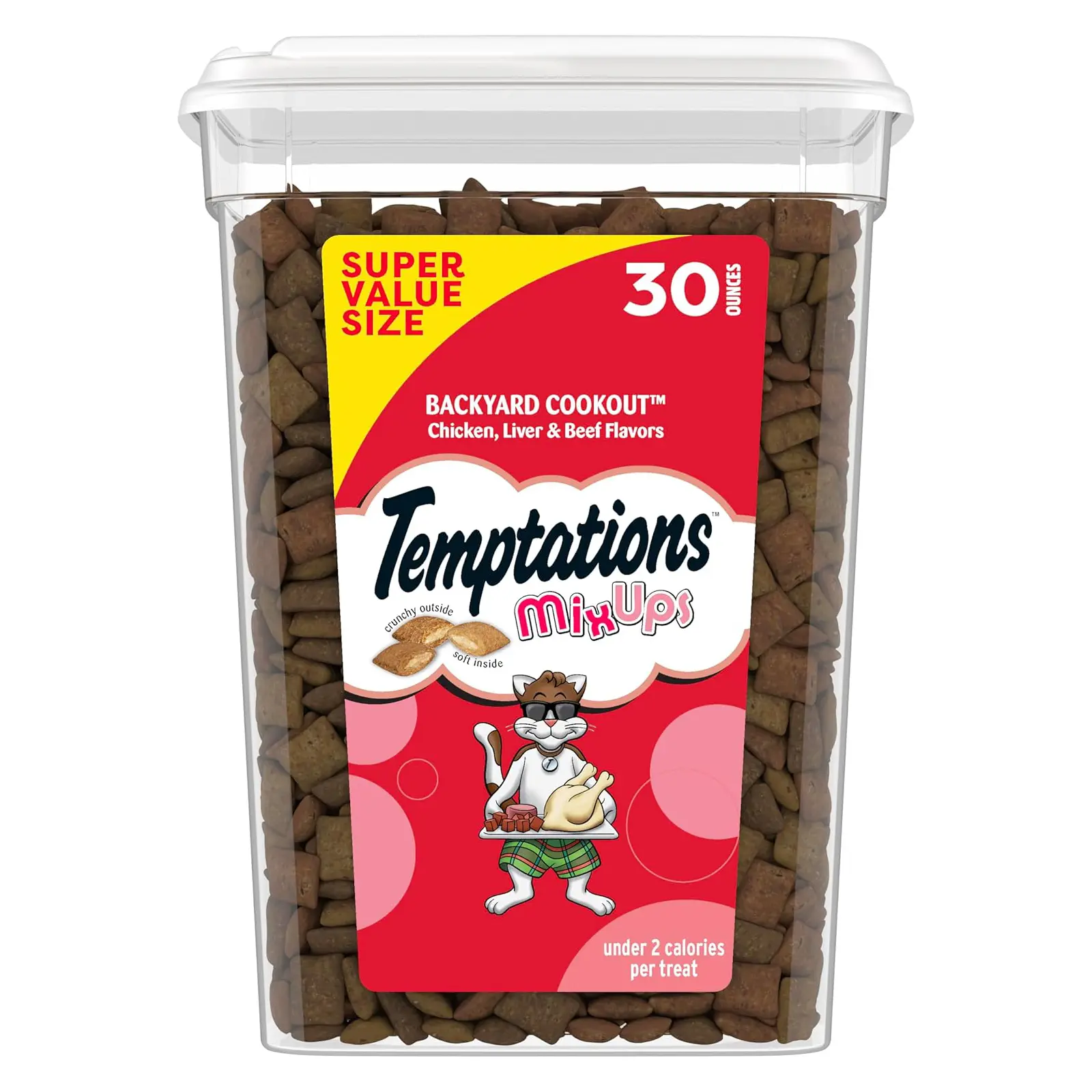 Temptations MixUps Crunchy and Soft Cat Treats, Cookout Flavor, 30 oz Chicken, liver & beef flavors, under 2 calories per treat, 100% complete & balanced for adult cats, resealable stay-fresh tub