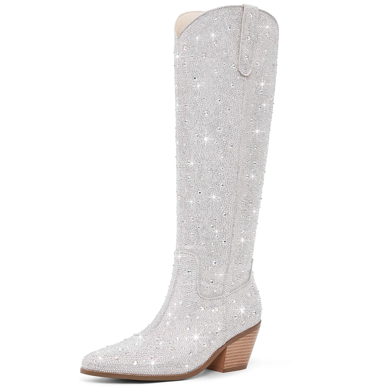 Knee High Rhinestone Cowgirl Boots Sparkly Bling Cowboy Boots for Women Western Chunky Heel Fashion Comfortable Side Zipper
