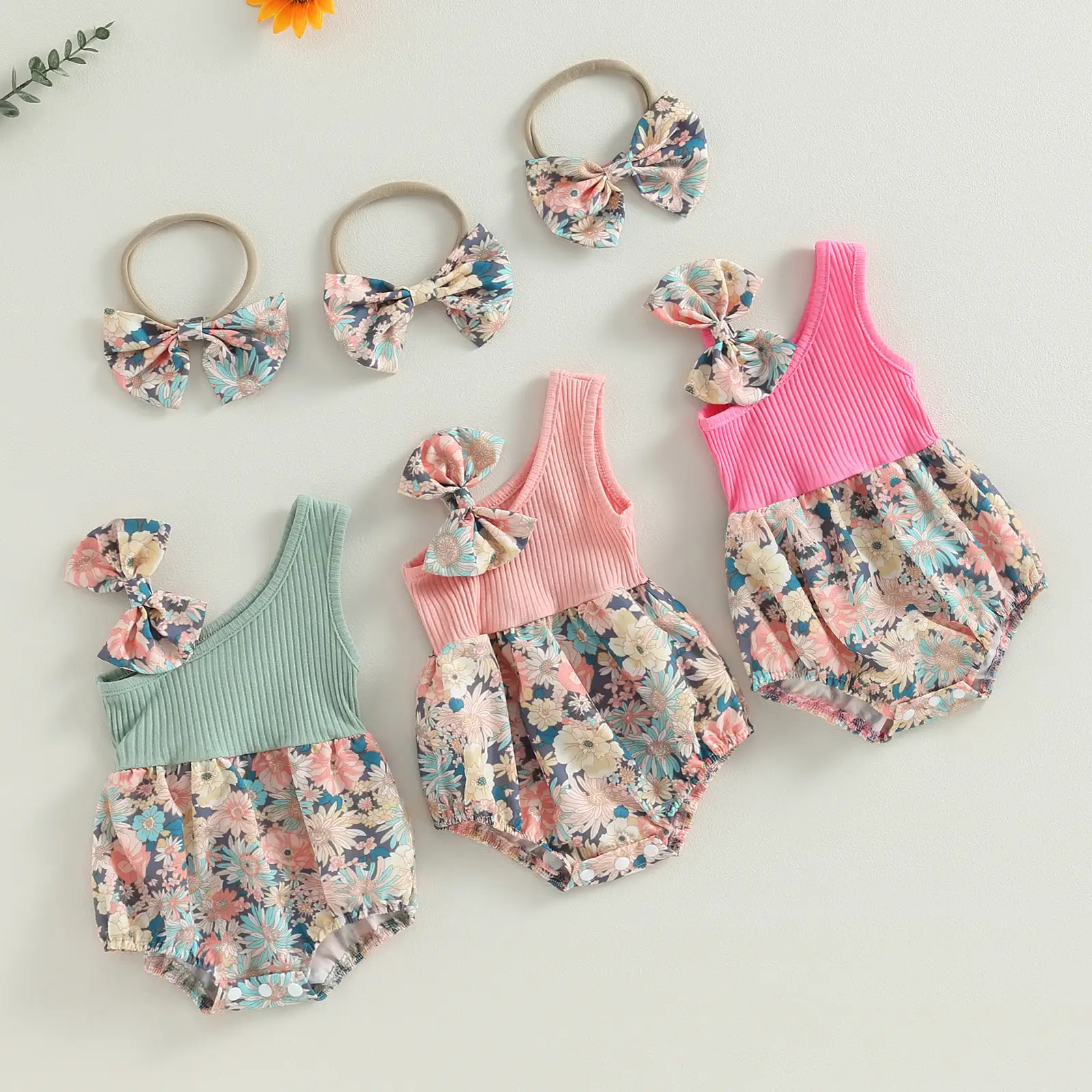 Newborn Infant Baby Girl Summer Clothes Sleeveless Flower Print One Shoulder Jumpsuit Romper with Headband
