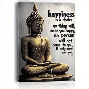 2D Flat Buddha Painting - 1 Piece Simple Spiritual Wall Decoration with Happy Quotes, Living Room Bedroom Kitchen Hanging Painting - Home Office Meditation Space Decoration, (30x40cm), Wooden Frame Print, Exquisite Detail Design, Essential for Yoga Enthus