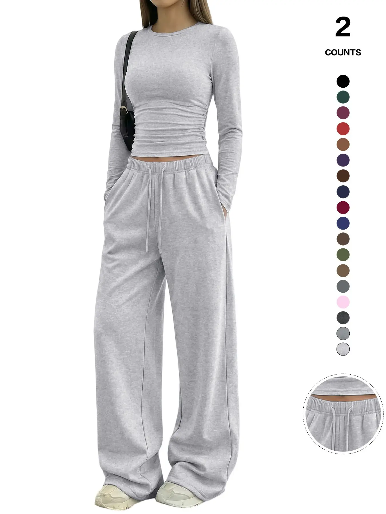Women's Solid Ruched Drawstring Loungewear Set, Casual Long Sleeve Round Neck Top & Pocket Wide Leg Trousers, Spring Summer Sleepwear Pajama Set Women's Solid Ruched Drawstring Loungewear Set, Casual Long Sleeve Round Neck Top & Pocket Wide Leg Trousers, Spring Summer Sleepwear Pajama Set