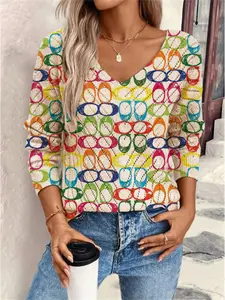 Women's Geometric Colorblock Print Long Sleeve Knit Top, Casual Elegant Vacation Style Sweater, Loose V Neck, Comfortable Warm Fall Winter