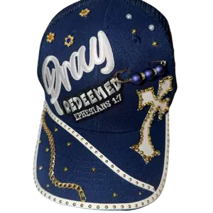 Navy Blue Prayer Trucker Hat with "Pray Redeemed" Text and Cross Design!