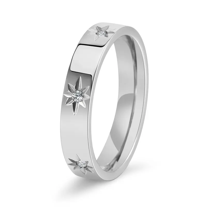 Silver-Tone Steel Starburst Ring with 3 Clear Faceted Accent Stones, Celestial Minimalist Band Ring, Modern Everyday Fashion Jewelry