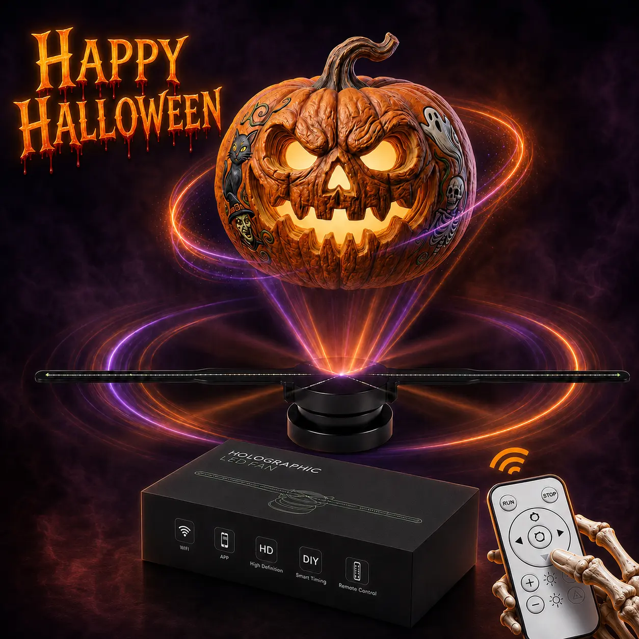 3D Hologram Fan Projector with App Control, Dual-Blade 42cm LED Holographic Display, Custom Video Upload Programmable Advertising Light for Halloween Parties, Home Theater, Stores, Bars, Events & Halloween Gifts