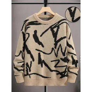 Men's All Over Print Drop Shoulder Sweater, Loose Street Long Sleeve Round Neck Jumper for Fall & Winter, Fashion Men's Knitwear for Daily Wear