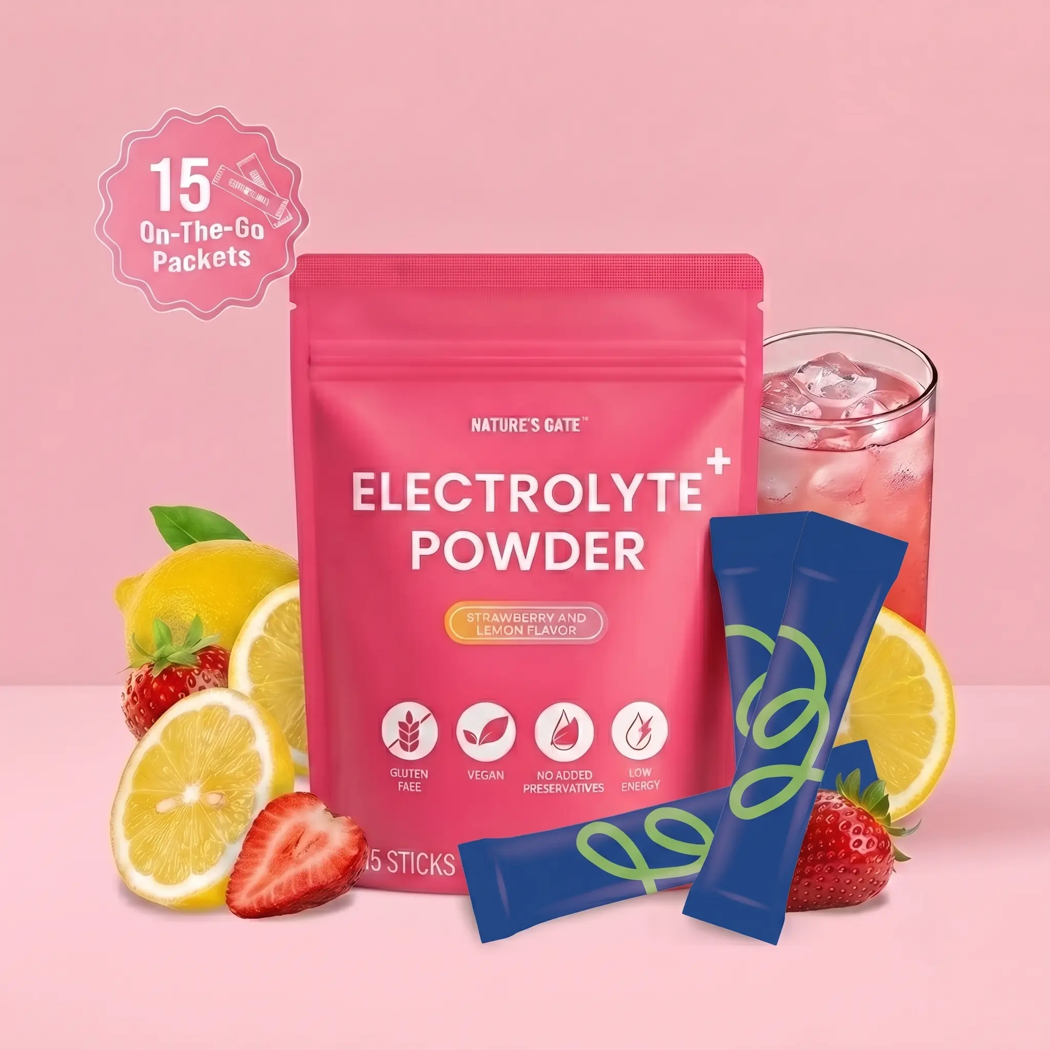 Nature's Gate Sugar-Free Electrolyte Vitamin Powder Hydration Sticks - 7 Flavors, 15 Packs, Natural Colors, Supplement Electrolyte Drink Mix with Sodium & Antioxidant, Supports Rapid Rehydration & Post-Workout Energy Recovery