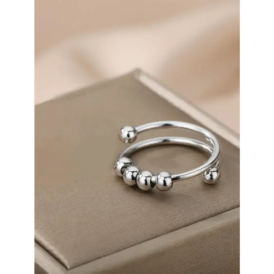 Serelune B Gift for Friends Smooth Rolling Anxiety Ring Vintage Fashion Double Spiral Fidget Ring, Round Beaded Design Cuff Promise Ring As Gift, Unisex New Trendy Ring Jewelry