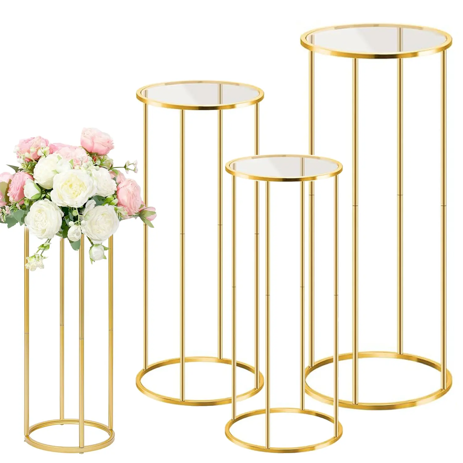3Pcs Cylinder Stands for Party Gold Metal Cylinder Display Holder Cake Flower Plants Pedestal Stand Event Wedding Birthday Party Decoration Smooth Ornaments