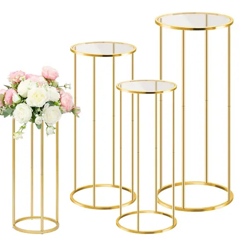 3Pcs Electroplated Gold Metal Cylinder Stands - Rust-Resistant, Durable, Stackable Tops, Fast Screw Easy-Install Acrylic Display Holders for Wedding Cake/Flower Pedestals, Home Decorations (Indoors)