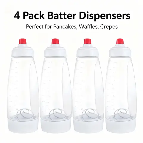 4-Pack BPA-Free Plastic Reusable Pancake Batter Dispenser Bottles - Silicone-PVC Kitchen Baking Utensils with Blender, Unique Patterns, Top-Rack Safe, Heat-Resistant Tip, Waffle & Crepe Mix Pourer, Valentine's Day Gift Value Pack