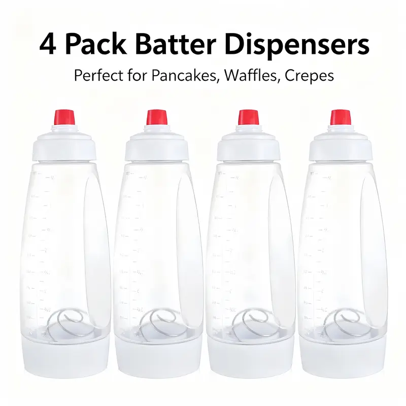 4-Pack BPA-Free Plastic Reusable Pancake Batter Dispenser Bottles - Silicone-PVC Kitchen Baking Utensils with Blender, Unique Patterns, Top-Rack Safe, Heat-Resistant Tip, Waffle & Crepe Mix Pourer, Valentine's Day Gift Value Pack