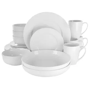 212 MAIN Elama EL-MAISY Round Diamond Emboss Heat Retentive Porcelain Dinnerware Set - 18 Pieces, Includes Round Form Plates, Bowls, Cutlery, White