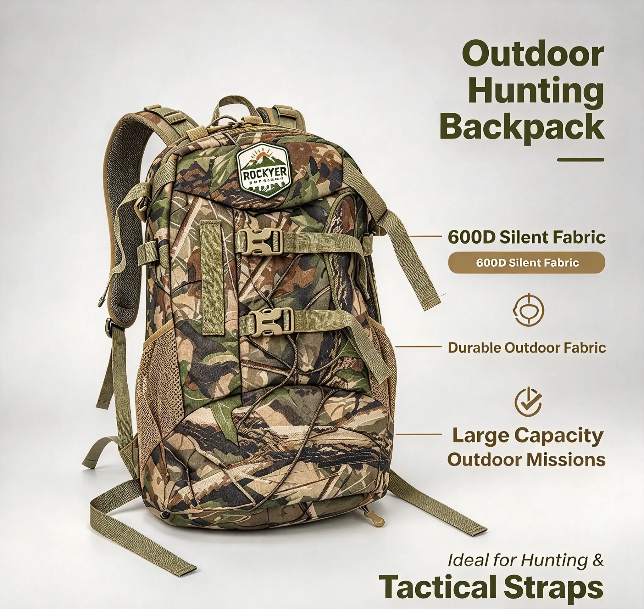 Unisex 30L Camouflage Hunting Backpack, 600D Quiet Fabric Hunting Pack, Adjustable Shoulder & Compression Straps, Multiple Molle Storage Pockets, Silent Material for Woods Hunting, Outdoor Camo Daypack for Hunting, Wildlife Observation & Backcountry