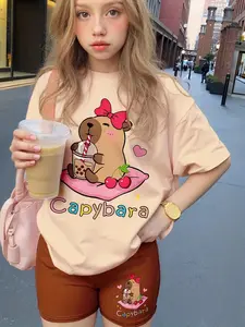 2pcs Girls Summer Short Pants Set, Cute Cartoon Capybara Print, Soft Fitted Tee & Waistband Shorts, Casual Outdoor Wear, Gift Idea