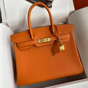 【BK】Premium Orange Structured Top Handle Satchel Bag for Women, Imported Pebbled Calfskin Handbag, Hand-Stitched Work Tote Purse with Gold-Tone Hardware