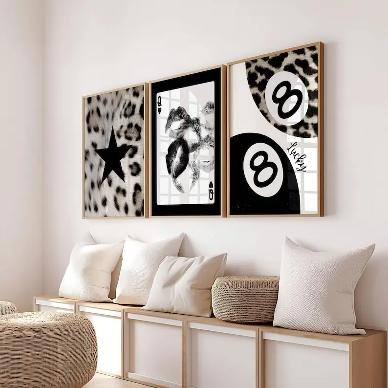 Set of 3 Aesthetic Wall Art Print, Leopard star black and white poster, Playing card kiss, 8 ball lucky leopard cheetah trendy prints
