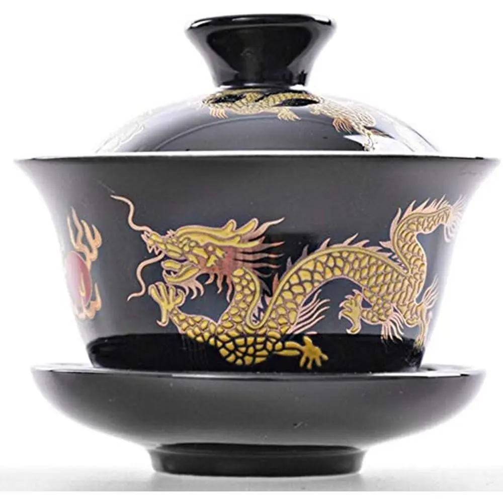 Porcelain Kung Fu  Cup and Saucer with Lid, Chinese Traditional Gaiwan Sancai  Bowl  Set Dragon  (Black)