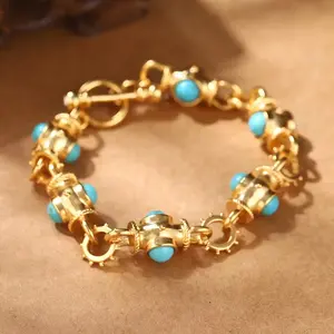 Vintage Gold Turquoise Bracelet Ornate Beaded Link Boho Ethnic Jewelry for Women Perfect Gift for Mom