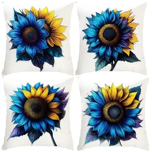 4pcs Blue-Yellow Gradient Sunflower Pillow Covers Set: Blue-Yellow Contrast Sunflower Decor Patterns, Cushions for Living Room Sofa/Bedroom, Washable Polyester, Multiple Sizes, No Insert