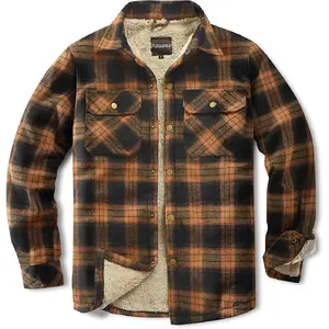 Men's Sherpa Lined Cotton Flannel Shirt Jacket Plaid Button Up Jacket Coat for Men with Pocket