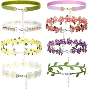 8 count Choker Necklace for Women Girls, Black Lace  Chockers, Daisy Gothic Punk Classic Choker, Adjustable Bohemian Flower Floral Lace Necklaces, Leaf Pendant Clavicular Chain for Party