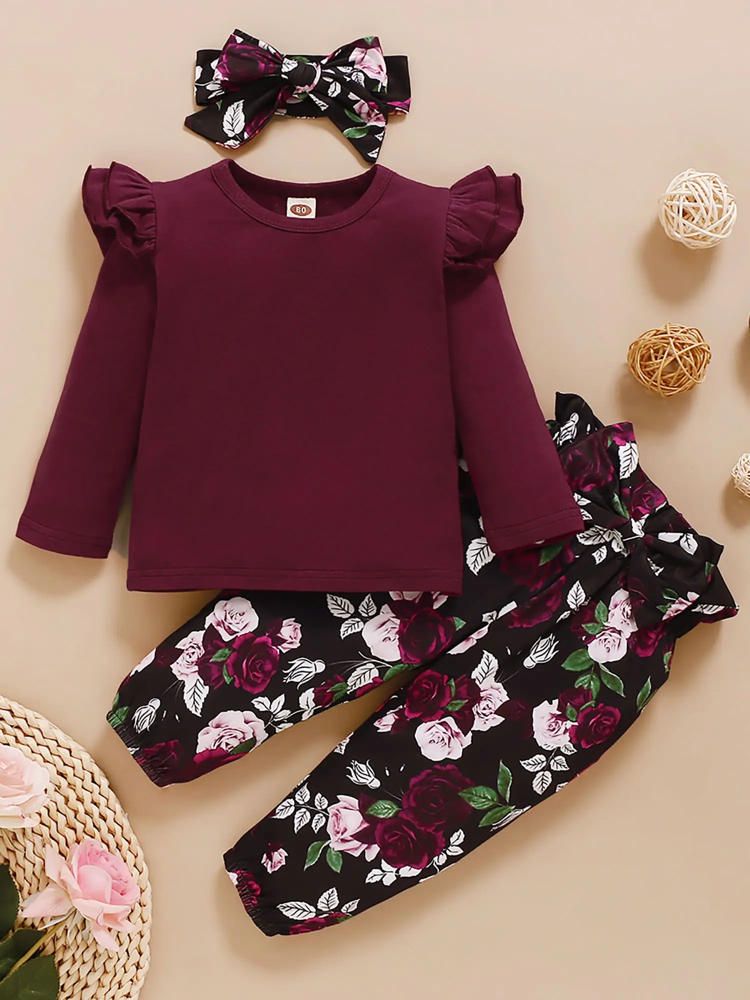 3Pcs Toddler Girl Clothes,Solid Color Long Sleeves Ruffle Top+ Floral Pant +Floral Headband