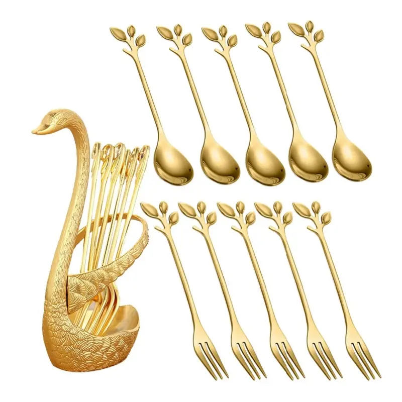 11 pieces golden stainless steel cutlery set, including 5 spoons, 5 forks, and 1 swan storage rack, suitable for home afternoon tea, dessert tables, and coffee shops