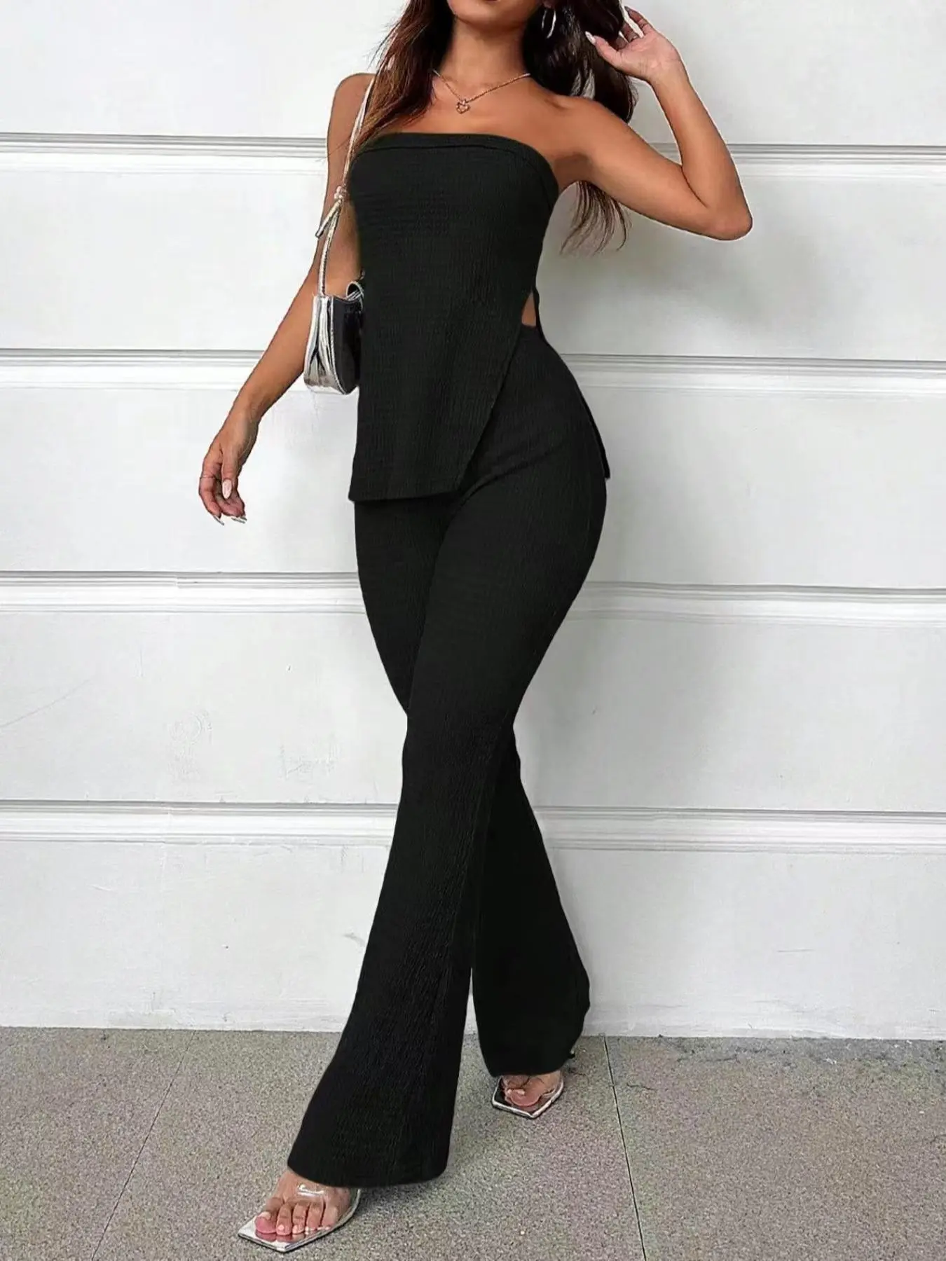 Two-Piece Set Women's Solid Split Hem Strapless Tube Top & High Waist Pants Set, Elegant Fashion Casual Two Piece Outfits for Daily Outdoor Wear, Ladies Clothes for Summer Womenswear