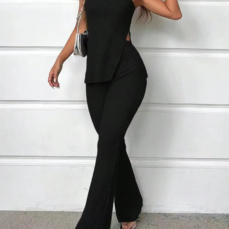 【Black Friday】Women's Solid Color Two-Piece Set, Casual Split Hem Tube Top & High Waist Flare-Leg Pants Set, Elegant Fashion Outfits for Daily Outdoor Wear, Ladies Clothes for Summer, Womenswear