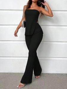two-piece set women's solid split hem strapless tube top & high waist pants set, soft elegant fashion casual two piece outfits for daily outdoor wear, ladies clothes for summer, downtown girl clothes, sleeveless womenswear
