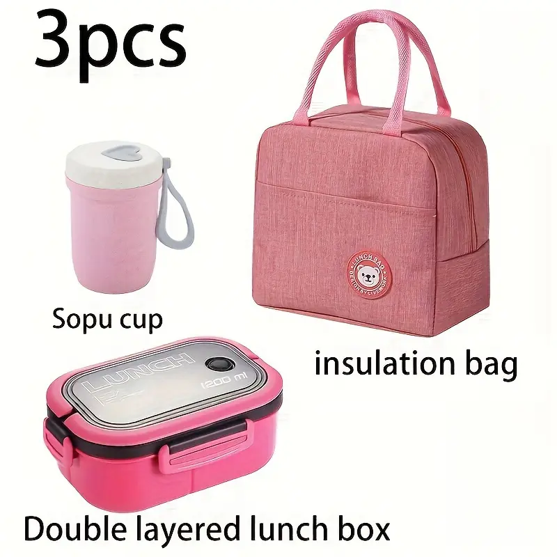 Large Capacity Lunch Box Set, 3 Counts/set Including Thermal Lunch Box & Soup Cup & Storage Bag, Insulated Lunch Box Set for Class, College, Camping and Picnic
