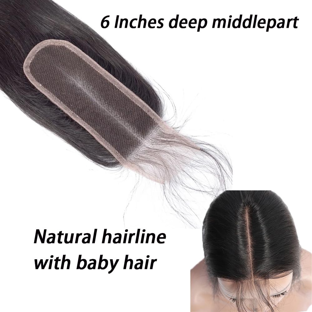 Ramiss 12A Human Hair Bundles with 2x6 Closure Brazilian Body Wave 3 Bundles Human Hair with 2x6 4x4 Lace Closure 100% Unprocessed Virgin Human Hair Weave