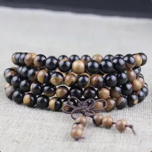 GOOD KARMA Ebony Yin Yang 108 8mm Buddhist Prayer Wood Bead Mala Necklace Wrist Bracelet for Spiritual Practice Unisex Design with Secret Wood Blend and Handcrafted Ebony Stripe