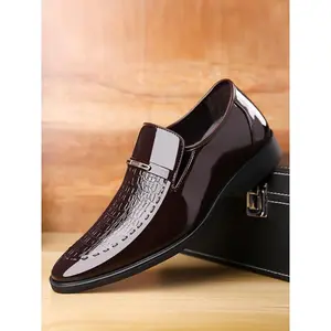 Men's Shiny Business Leather Shoes, Slip-On Formal Wedding Shoes, Casual Work Party Meeting Wear, Microfiber Rubber Sole, All Seasons, Leather Footwear(Sheets)