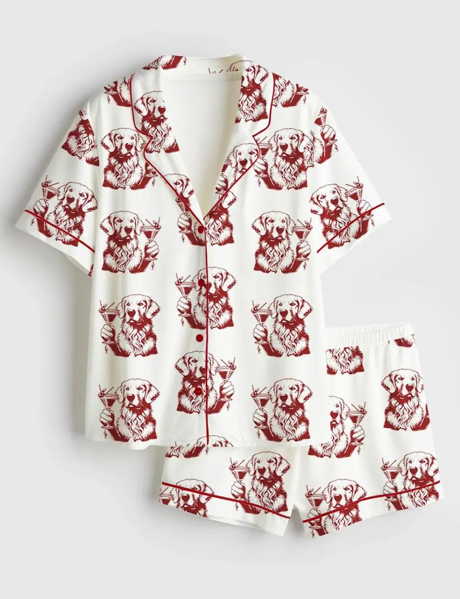 Women's Golden Retriever Espresso Martini Short Sleeve Satin Pajama Set, Golden Dog Pajama Set, Pajama Sleepwear, Nighwear Set for Her, Comfortable Stretch, Moves with You, Must-Have Basic, Always Handy