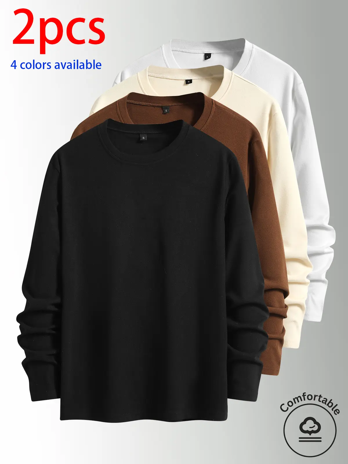 2-pack: men’s long-sleeve shirt, men’s long-sleeve T-shirt, men’s German fleece crewneck long-sleeve T-shirt.Basic loose, stretchy, versatile base layer top—suitable for everyday wear and layering in autumn/winter. Simple solid color that’s versatile all