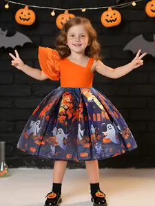 （ Only dress ）Halloween Pumpkin Print Cartoon Dress Kids Princess Costume Floral Pattern Fitted Style Moderate Fabric All Seasons Wear