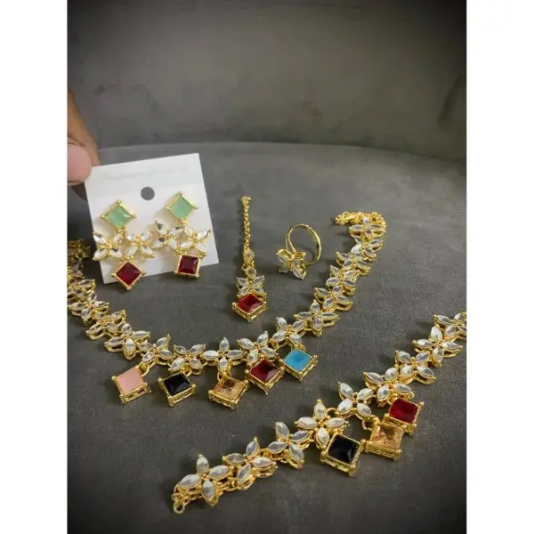 Combo Kundan Set Necklace Earings Braclet Maang Teeka Ring