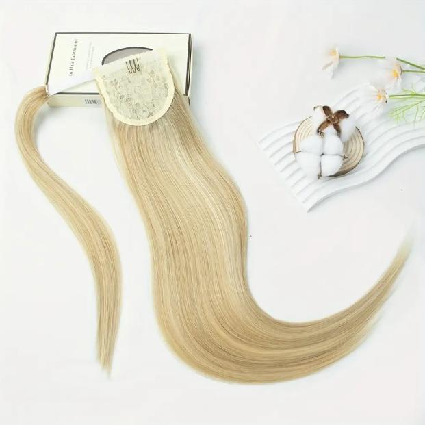 LuxeHair Straight Drawstring Ponytail Hairpiece, 100% Real Human Hair, Highlight Blonde, Clip-In Design, Natural Look, 10-28 Inch, Easy Wear & Adjustable, Versatile Styling for Women